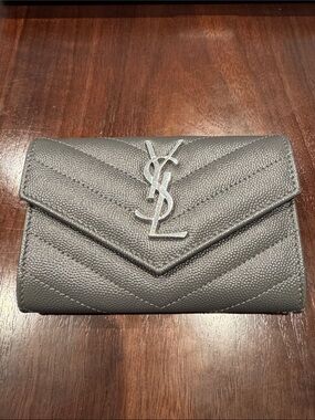 Saint Laurent Charcoal Quilted Leather Chevron Envelope Clutch with Silver YSL